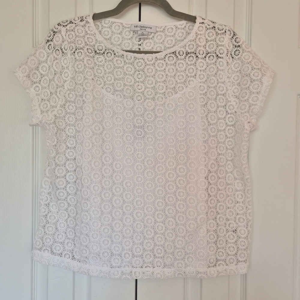 Liz Claiborne Petite White Lace Circle Pattern Short Sleeve Blouse PL Whimsigoth